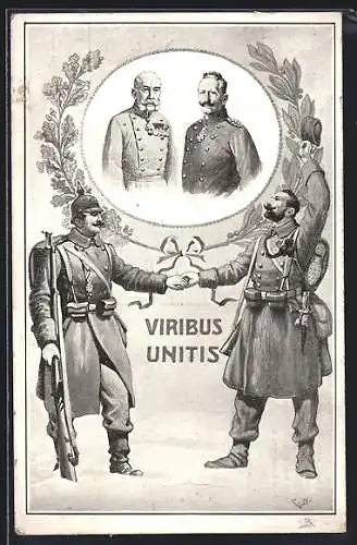 Künstler-AK Viribus Unitis, Kaiser Franz Josef I. von Österreich und Kaiser Wilhelm II., Zweibund