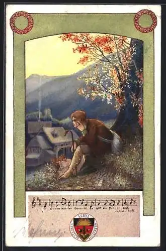 Künstler-AK T.Welzl: Junger Wanderer sitzt an einem Baum, Deutscher Schulverein