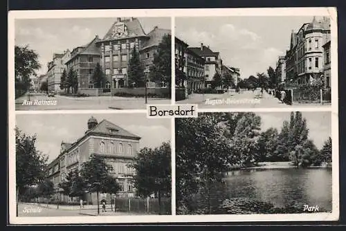 AK Borsdorf / Sa., Am Rathaus, Schule, Park