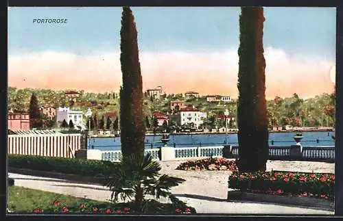 AK Portorose, Promenade mit Blick aufs Wasser