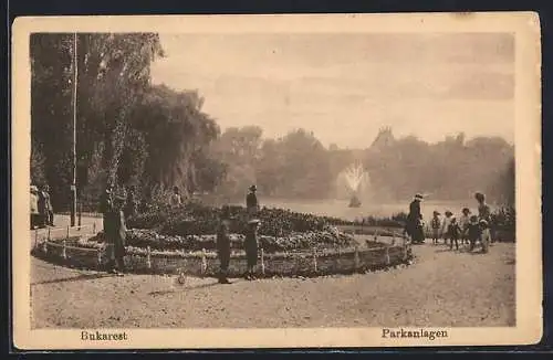 AK Bukarest, Kinder in den Parkanlagen am Teich mit Springbrunnen