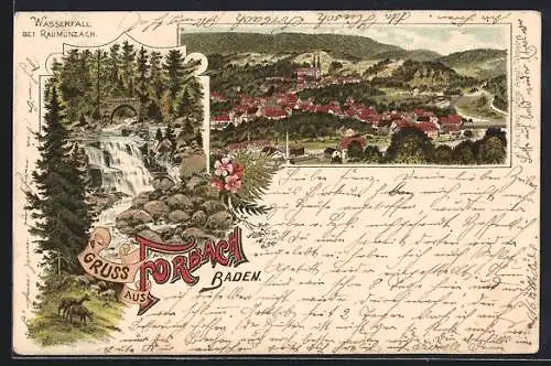 Lithographie Forbach /Baden, Ortsansicht, Wasserfall bei Raumünzach