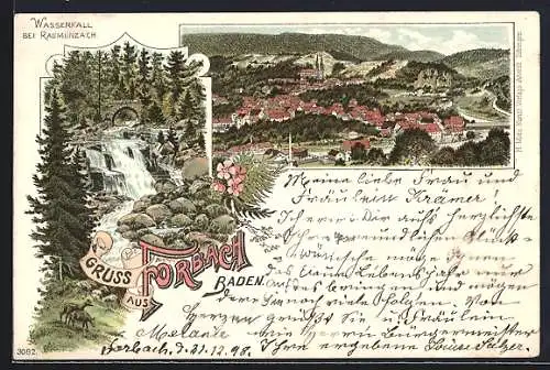 Lithographie Forbach i. Baden, Wasserfall, Gesamtansicht aus der Vogelschau