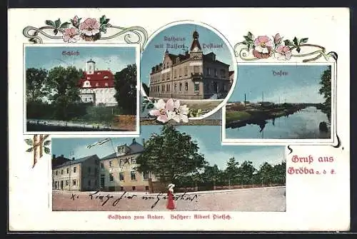 AK Gröba / Elbe, Schloss, Hafen, Gasthaus zum Anker