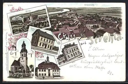 Lithographie Strehla / Elbe, Bahnhof, Rathhaus, Post, Schloss