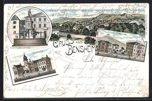 Lithographie Bensheim, Gr. Seminar, Gr. Gymnasium, Marktbrunnen mit St. Georg