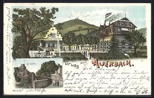Lithographie Auerbach / Hessen, Hotel Krone, Schloss