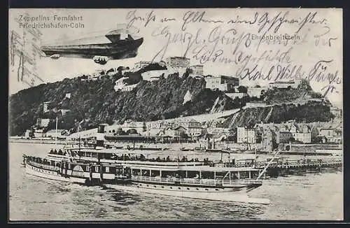 AK Ehrenbreitstein, Zeppelins Fernfahrt Friedrichshafen-Cöln, Dampfer auf dem Rhein
