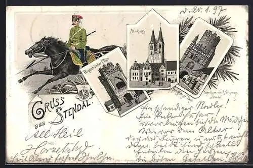 Lithographie Stendal, Tangermünder Thor, Marktplatz, Uenglinger Thor, Lanzenreiter in Uniform