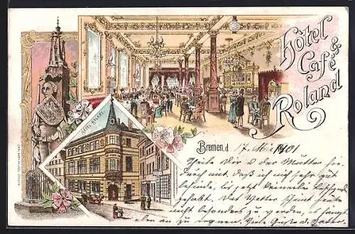 Lithographie Bremen, Hotel & Cafe Roland, Innen- und Aussenansicht