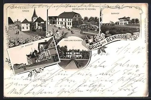 Lithographie Bennigsen a. D., Restaurant H. Honsel, Bahnhof, Park und Schloss, Kirche