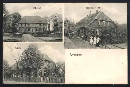 AK Evensen, Rittergut, Gasthaus F. Kersel, Schule