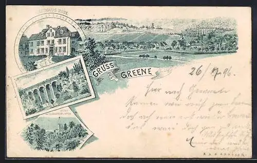 Lithographie Greene, Gasthaus Rose, Viadukt, Burg vom Heinrichsbrunnen