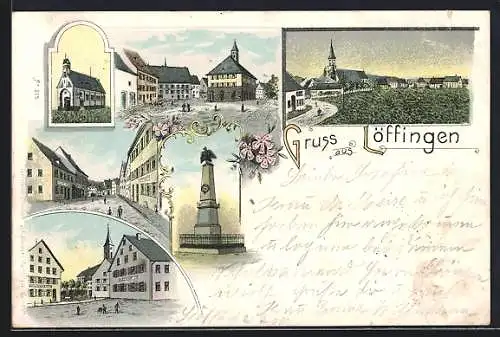 Lithographie Löffingen, Gasthäuser, Kirche, Kriegerdenkmal, Rathaus