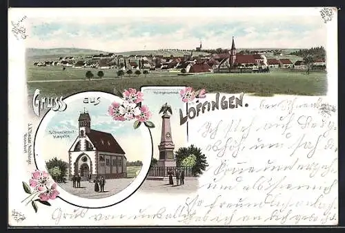 Lithographie Löffingen, Kriegerdenkmal, Schneekreuz-Kapelle, Ortsansicht