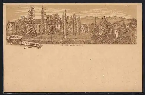 Lithographie Breitenhain / Lucka, Ortspartie mit Kirche aus der Vogelschau
