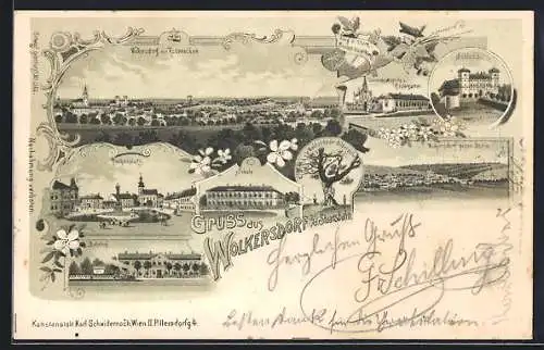 Lithographie Wolkersdorf /Staatsbahn, Ortsansicht von Rosenecken aus gesehen, Schloss, Lourdeskapelle, Bahnhof