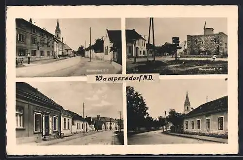 AK Wampersdorf /N. D., Strassenpartie mit Warenhaus, Platz, Kirchturm