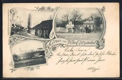 AK Velm-Götzendorf, Strassenpartie, Blick zur Kirche, Gebäude mit Inschrift