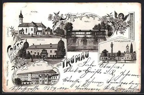 Lithographie Trumau, Fabrik, Dreifaltigkeitssäule, Wehr, Schloss