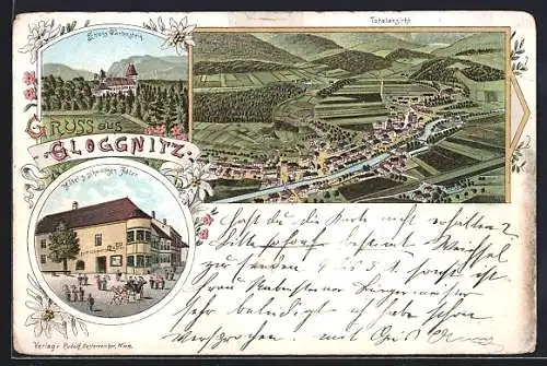 Lithographie Gloggnitz, Hotel zum schwarzen Adler, Schloss Wartenstein