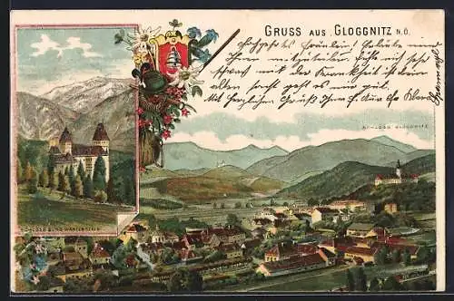 Lithographie Gloggnitz /N. Ö., Schloss Burg Wartenstein, Panoramablick auf Ort und Schloss