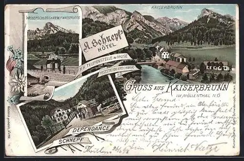 Lithographie Kaiserbrunn i. Höllenthal, A. Schnepfs Hotel mit Dependance, Wasserschloss d. Wiener Wasserleitg.