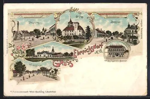 Lithographie Ebreichsdorf, Schloss, Vorstadt, Wienerstrasse