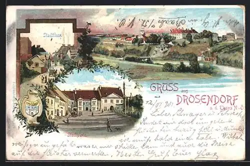 Lithographie Drosendorf a. d. Thaya, Gebäude am Stadtplatz, Strassenpartie am Stadtthor