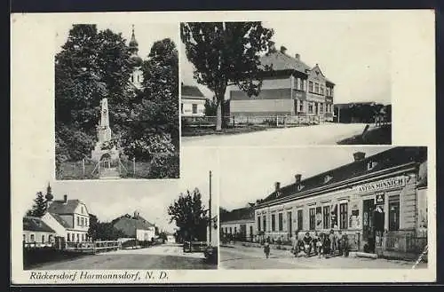 AK Harmannsdorf /N.-Oe., Rückersdorf, Bäckerei Anton Minnich, Postamt, Denkmal, Strassenpartie