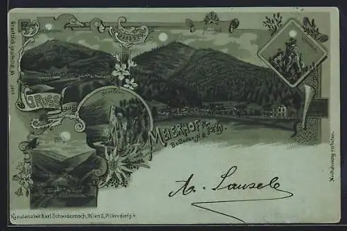 Mondschein-Lithographie Furth an der Triesting, Gruss aus Maierhof, Ortsansicht, Gut Rehgras, Furth, Löwenkopf