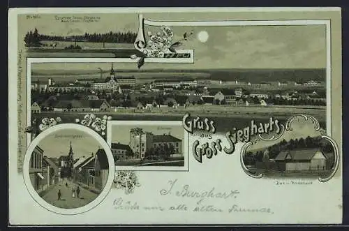 Mondschein-Lithographie Gross Siegharts, Schlossergasse, Bad und Promenade, Schloss