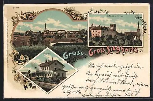 Lithographie Gross-Siegharts, Bahnhof von der Gleisseite, Schloss und Kirche