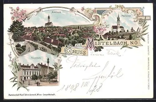 Lithographie Mistelbach /N.-Oe., Hauptplatz, Ortsansicht, Pfarrkirche