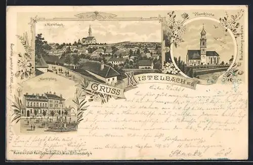 Lithographie Mistelbach /N.-Oe., Ortsansicht, Pfarrkirche, Marktplatz