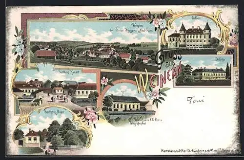 Lithographie Weinern, Gasthaus Kienast, Gasthaus Mayer, Volksschule und K. K. Post