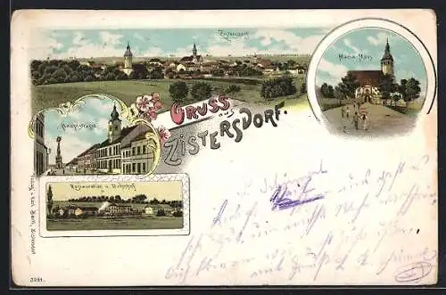 Lithographie Zistersdorf, Restaurant und Bahnhof, Hauptstrasse, Maria Moos