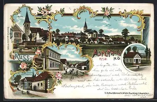 Lithographie Asperhofen /N. Ö., Strasse mit J. Ehns Bäckerei, Spritzenhaus mit Friedhof, Schule