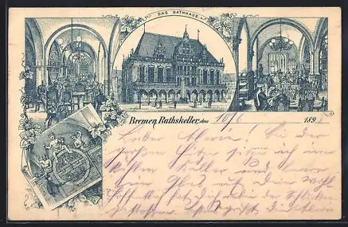 Vorläufer-Lithographie Bremen, 1895, Gasthaus Ratskeller mit Innenansichten, Rathaus