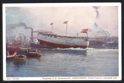Künstler-AK Alexander Kircher: Stapellauf des Kriegsschiffes S.M.S. Tegetthoff