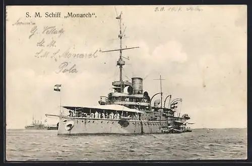 AK Kriegsschiff SMS Monarch auf hoher See