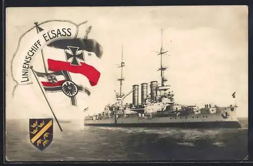 AK Kriegsschiff Linienschiff Elsass auf See, Wappen und Reichskriegsflagge