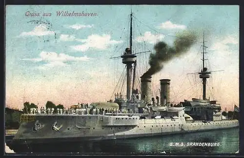 AK Kriegsschiff SMS Brandenburg unter Volldampf bei Wilhelmshaven, Ostasiengeschwader