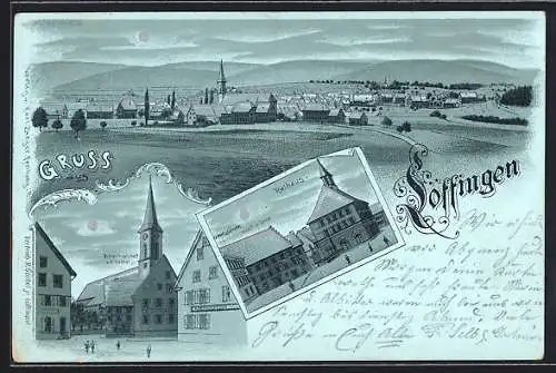 Lithographie Löffingen, Gesamtansicht, Versandt Geschäft v. H. Goebel jr. und Rathaus