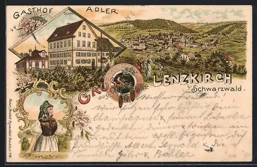 Lithographie Lenzkirch, Gasthaus Adler, Ortsansicht, Frau in Tracht