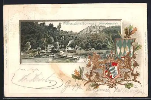 Passepartout-Lithographie Gössweinstein, Gasthaus Stempfermühle, Wappen