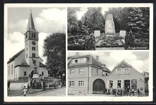 AK Weisenheim a. Sand, Kirche, Kriegerdenkmal und Geschäft von Otto Geissler