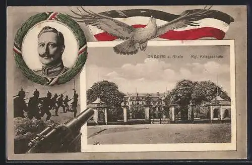 AK Engers a. Rhein, Kgl. Kriegsschule und Portrait v. Kaiser Wilhelm II