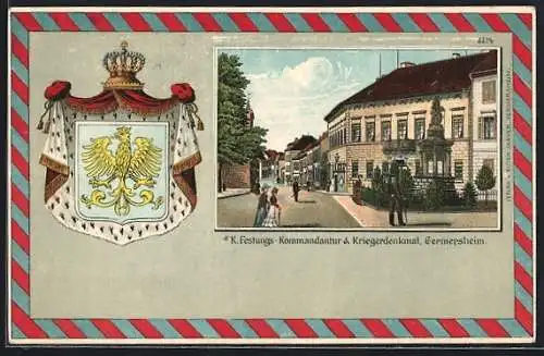 Passepartout-Lithographie Germersheim, K. Festungs-Kommandatur & Kriegerdenkmal, Wappen