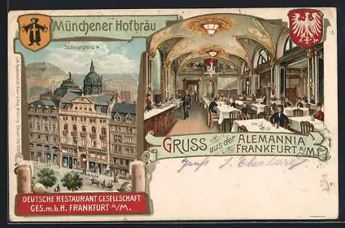 Lithographie Frankfurt, Deutsche Restaurant Gesellschaft Ges. m. b. H. am Schillerplatz 4, Münchener Hofbräu, Wappen